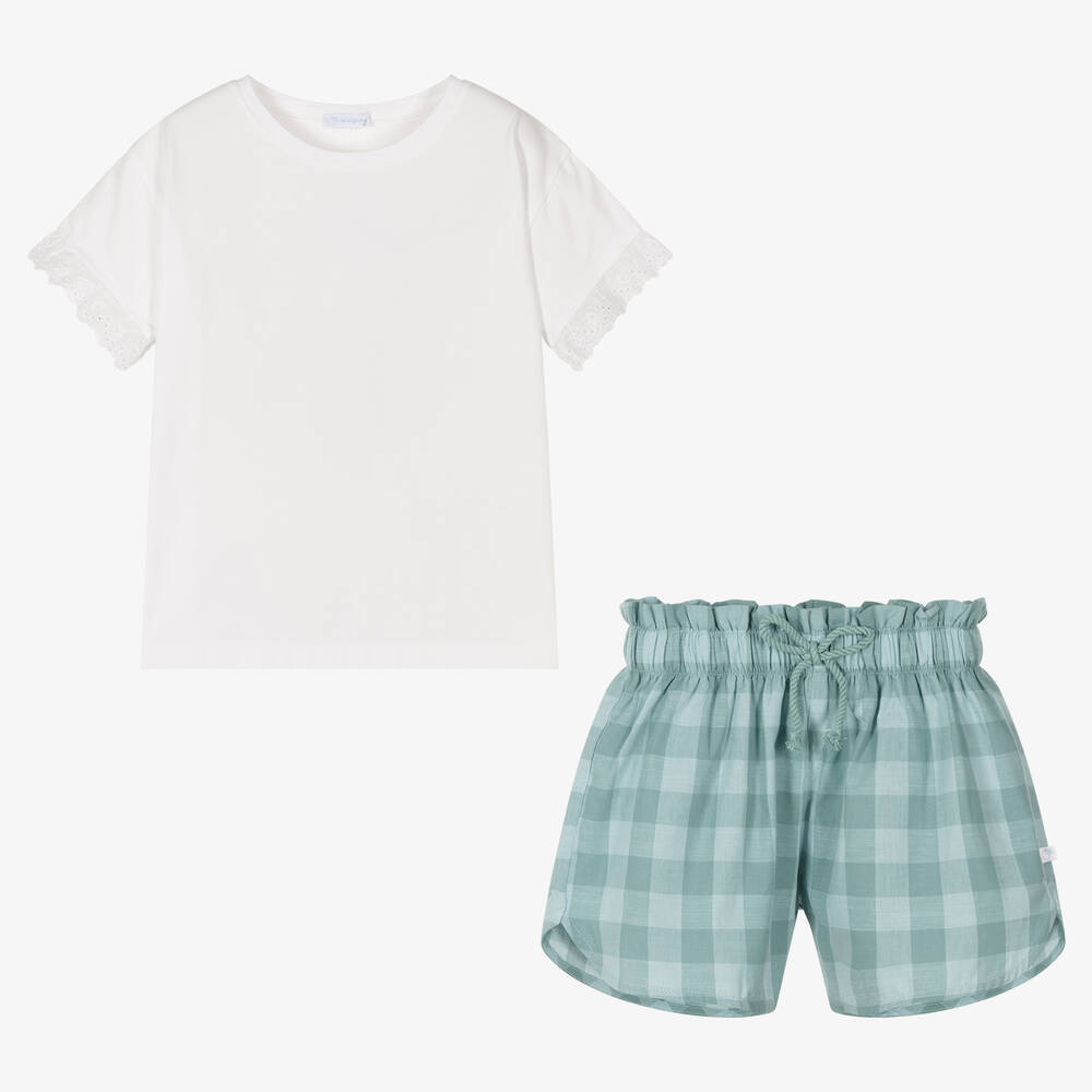 Laranjinha-Girls White & Blue Gingham Shorts Set | Childrensalon Outlet