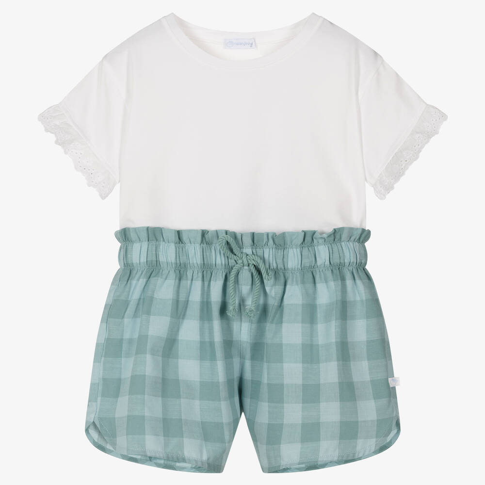 Laranjinha - Top & Vichy-Shorts Set in Weiß/Blau | Childrensalon