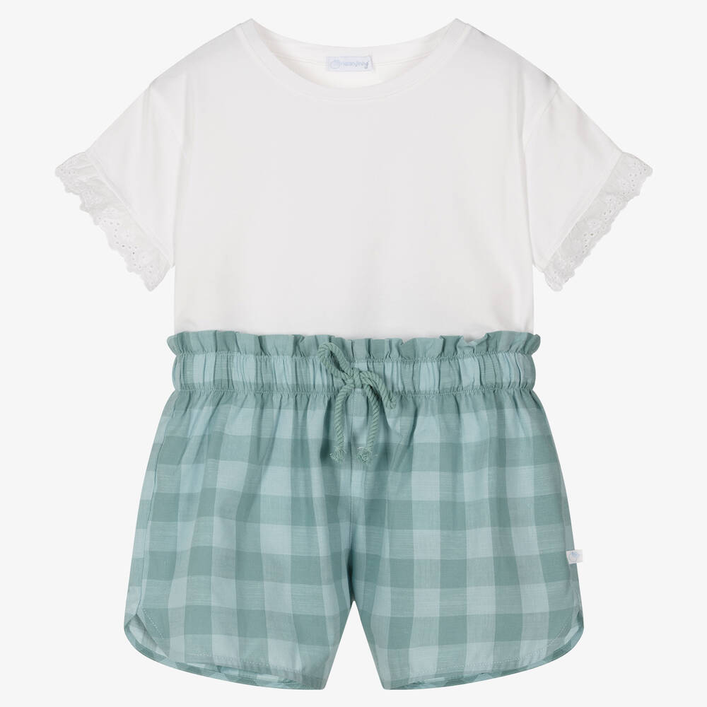 Laranjinha - Girls White & Blue Gingham Shorts Set | Childrensalon