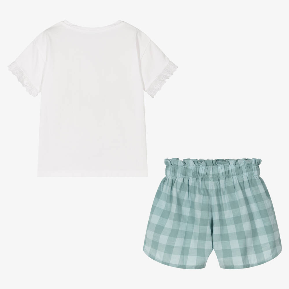 Laranjinha-Girls White & Blue Gingham Shorts Set | Childrensalon Outlet