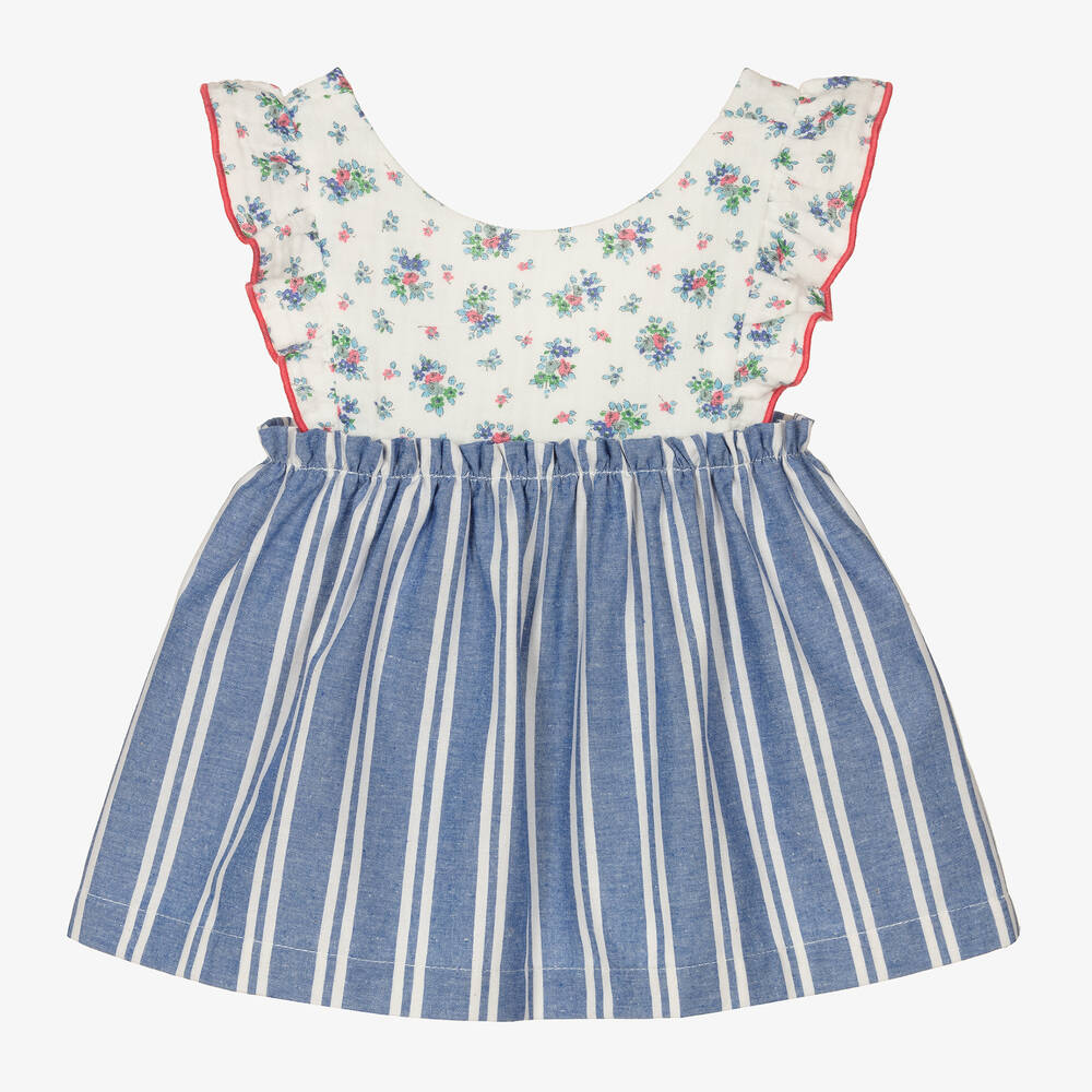 Laranjinha - Girls White & Blue Pinafore Dress | Childrensalon