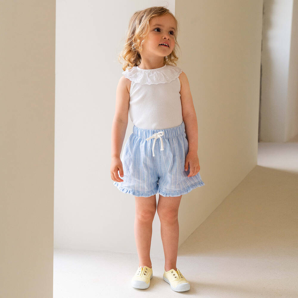 Laranjinha-Girls White & Blue Shorts Set | Childrensalon Outlet