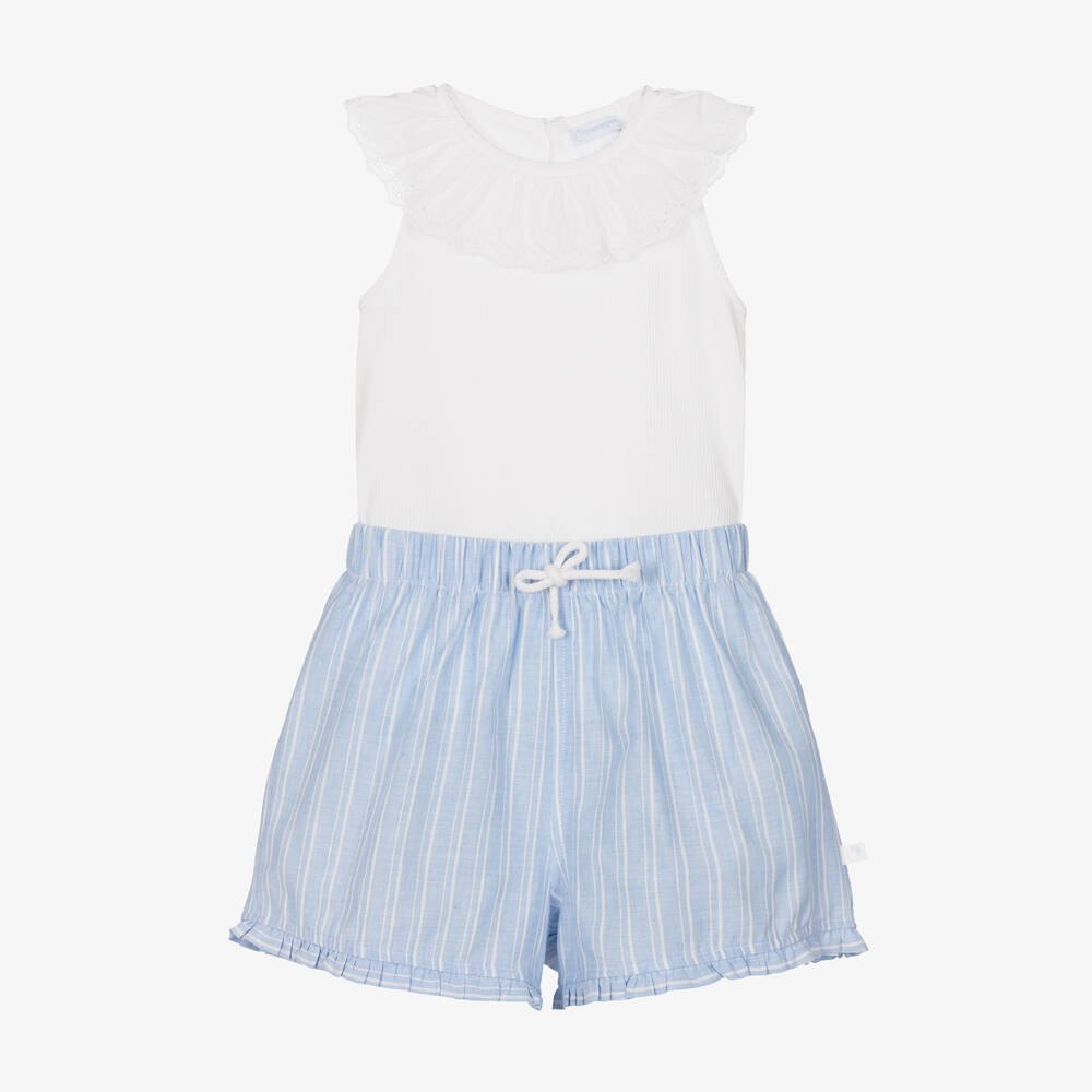 Laranjinha - Girls White & Blue Shorts Set | Childrensalon