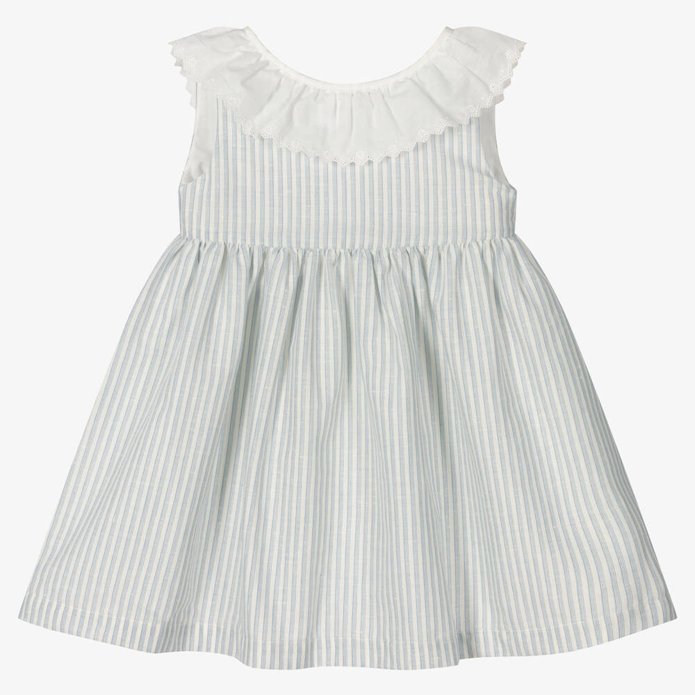 Laranjinha - Girls White & Blue Stripe Cotton Dress | Childrensalon
