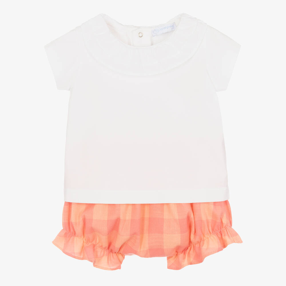 Laranjinha - Girls White & Coral Pink Shorts Set | Childrensalon