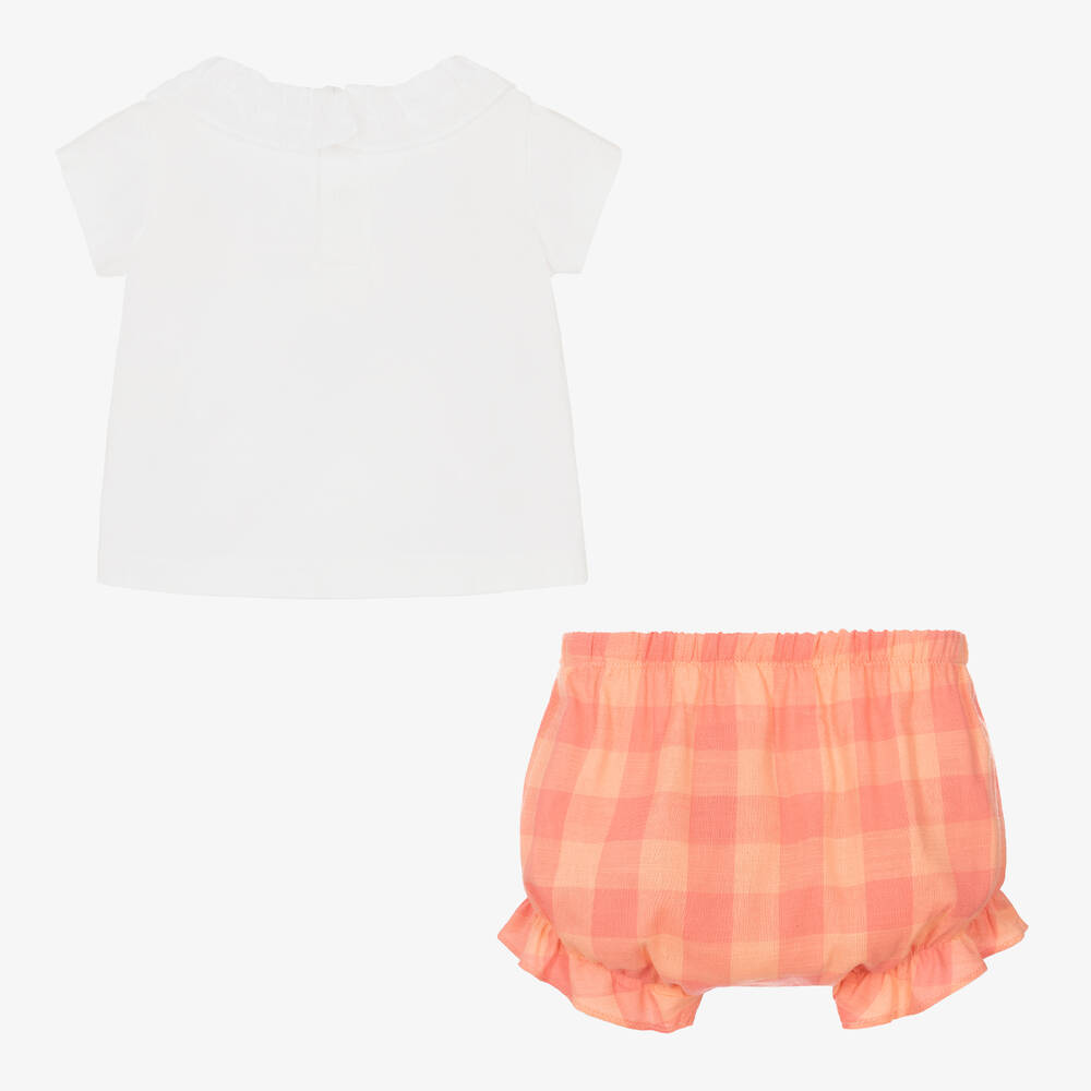 لارانجينا-طقم شورت وتوب قطن لون أبيض وزهري مرجاني | Childrensalon Outlet