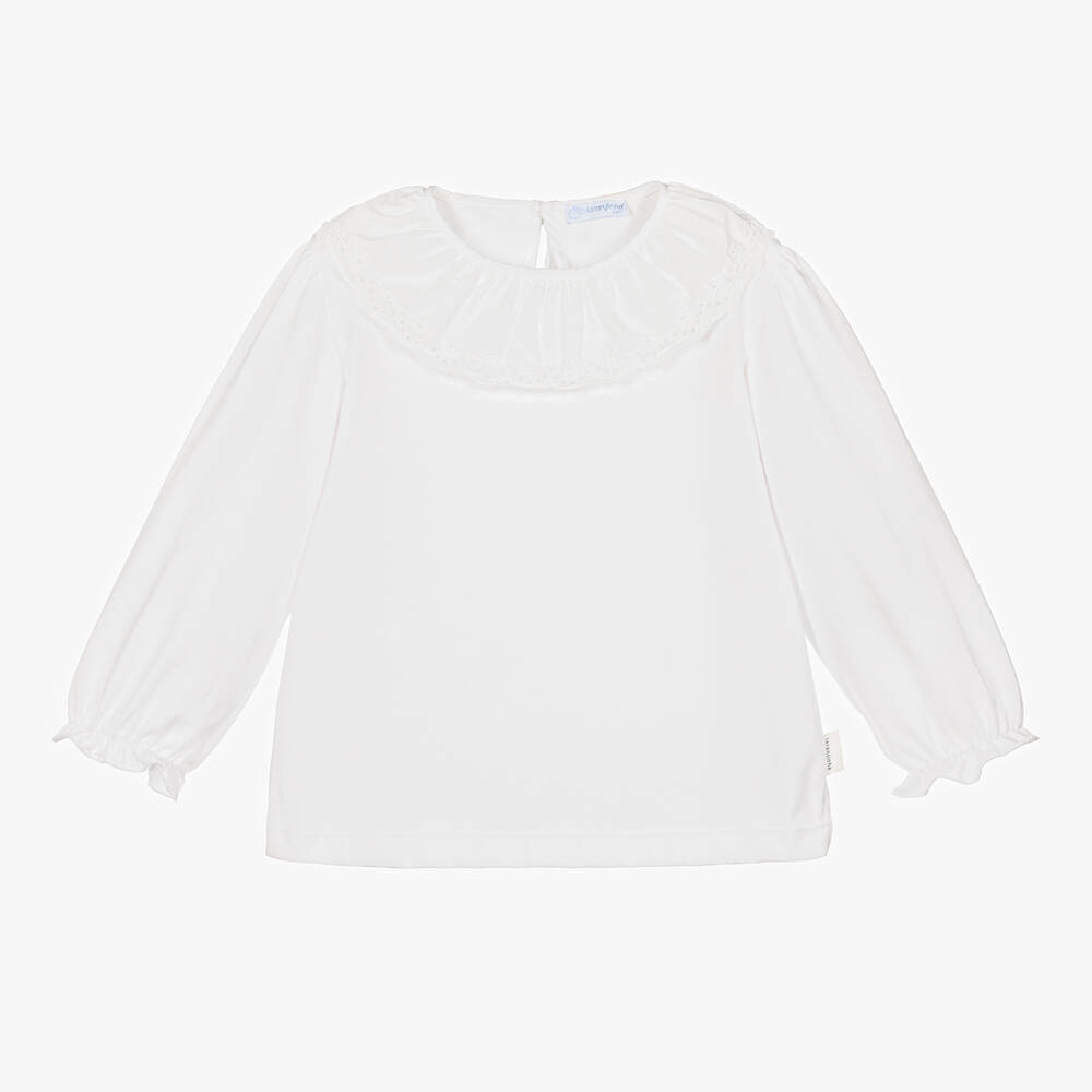 Laranjinha - Girls White Cotton Jersey Blouse | Childrensalon