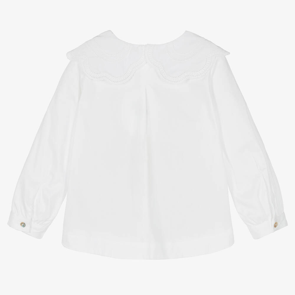 لارانجينا-بلوز قطن بوبلين مزين بدانتيل لون أبيض للبنات | Childrensalon Outlet