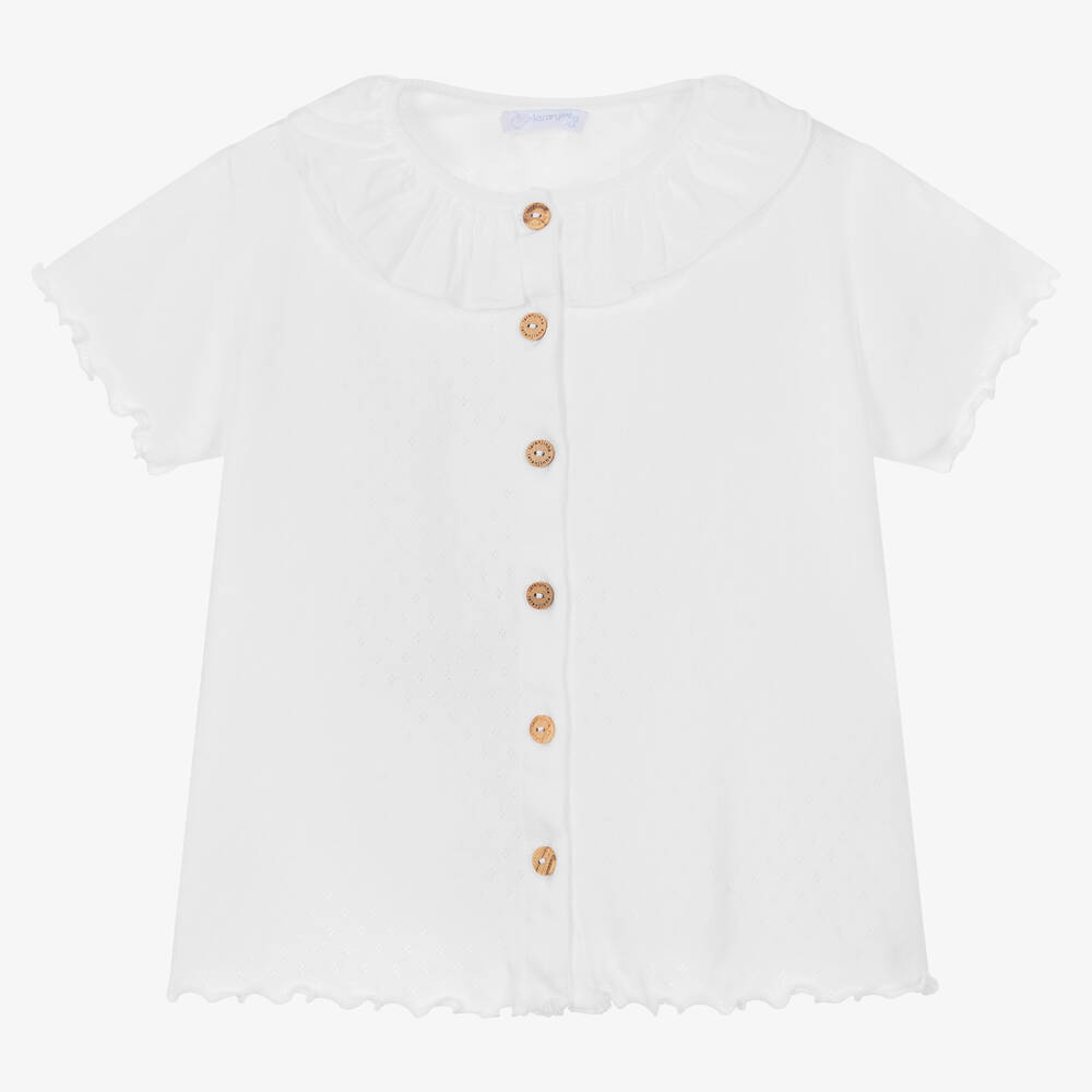 Laranjinha - Girls White Cotton Pointelle Blouse | Childrensalon