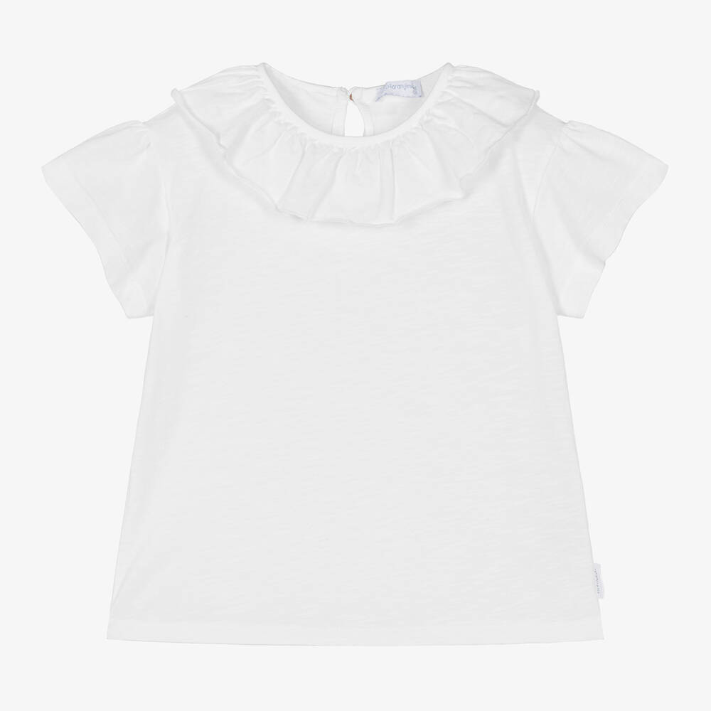 Laranjinha - Girls White Cotton Ruffle Collar Top | Childrensalon