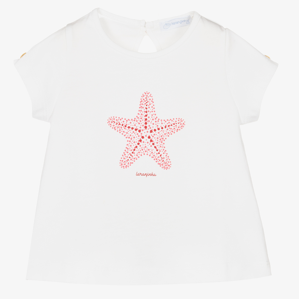 Laranjinha - Girls White Cotton T-Shirt | Childrensalon