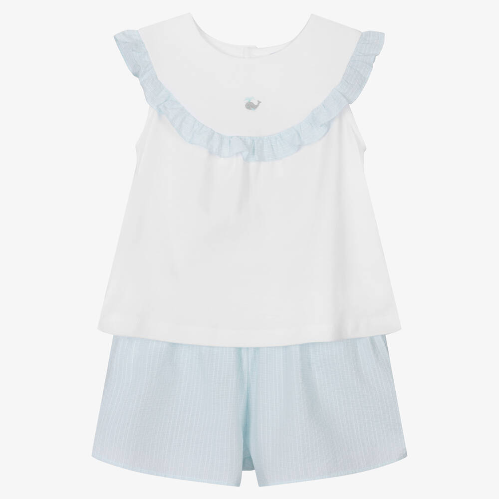 Laranjinha - Girls White & Green Cotton Short Pyjamas | Childrensalon