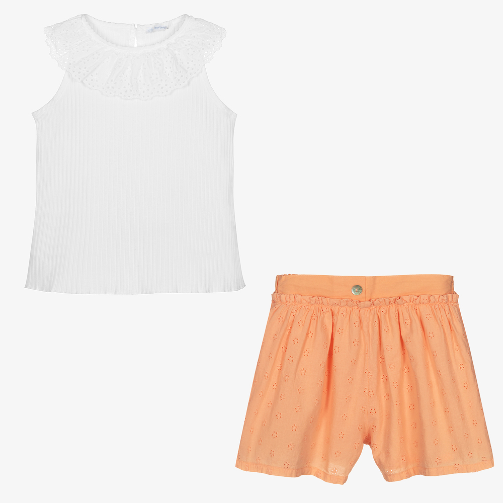 Chic by Laranjinha-Girls White & Orange Shorts Set | Childrensalon Outlet