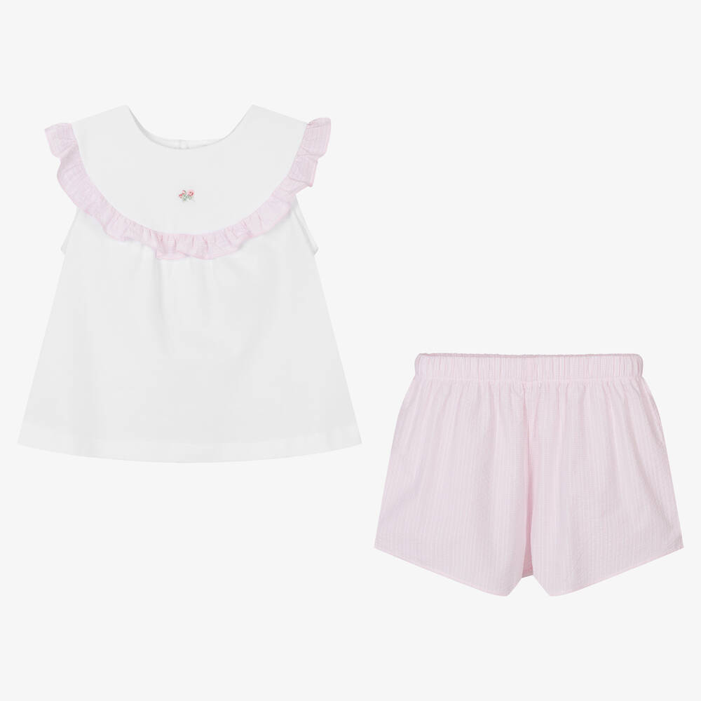 Laranjinha-Girls White & Pink Cotton Short Pyjamas | Childrensalon Outlet