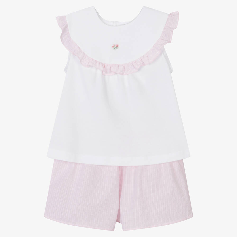 Laranjinha - Girls White & Pink Cotton Short Pyjamas | Childrensalon