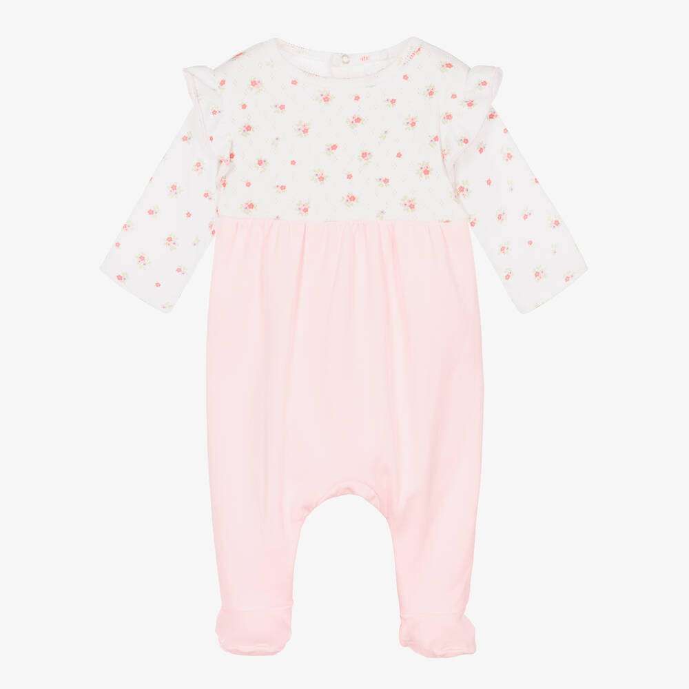 Laranjinha - Girls White & Pink Floral Print Babygrow | Childrensalon