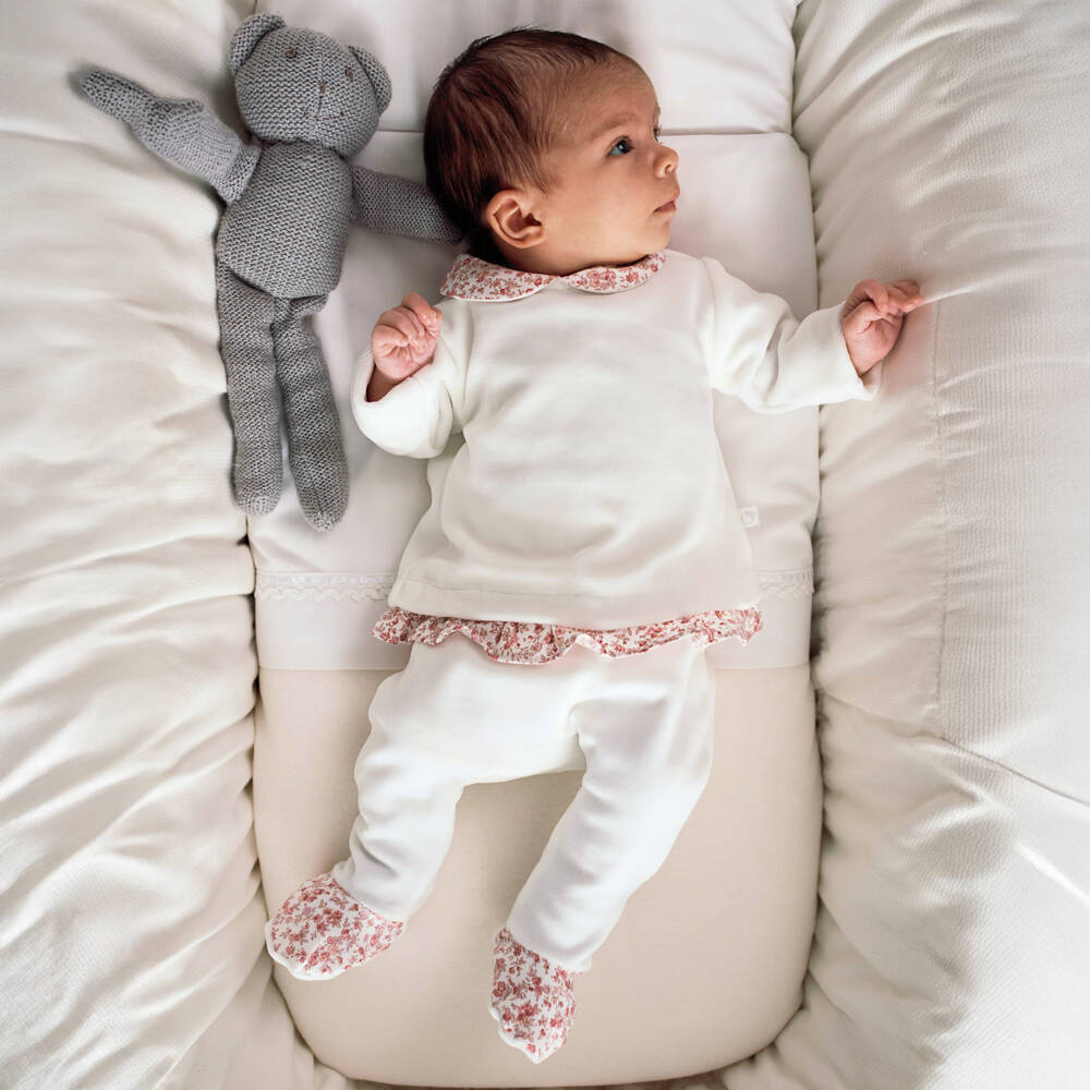 Laranjinha-Girls White Velour & Floral Trim Babygrow | Childrensalon Outlet