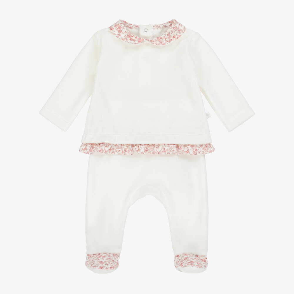 Laranjinha-Girls White Velour & Floral Trim Babygrow | Childrensalon Outlet