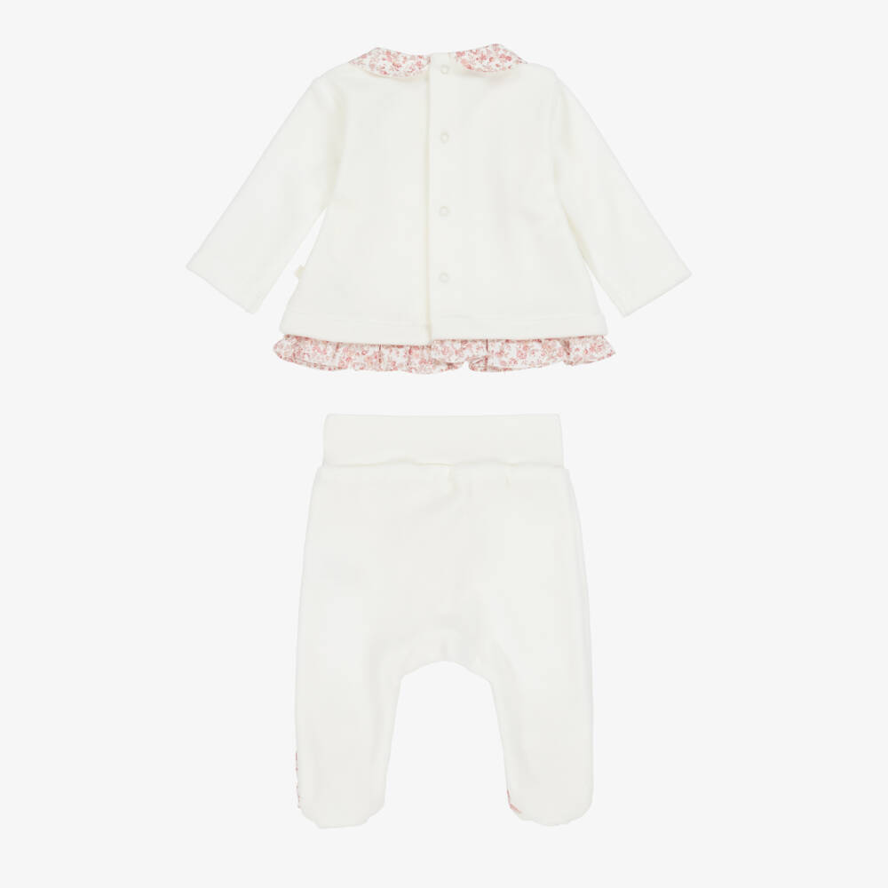 Laranjinha-Girls White Velour & Floral Trim Babygrow | Childrensalon Outlet