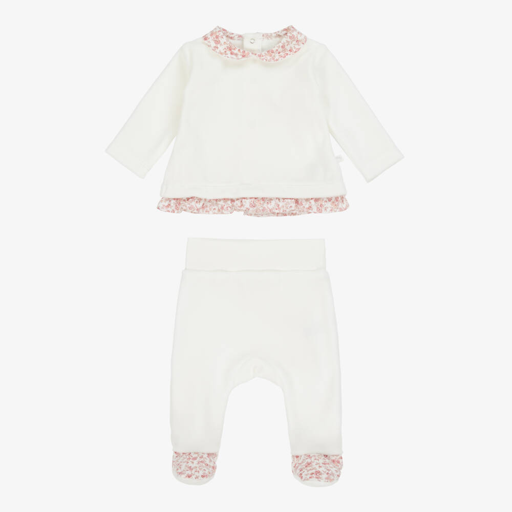Laranjinha-Girls White Velour & Floral Trim Babygrow | Childrensalon Outlet