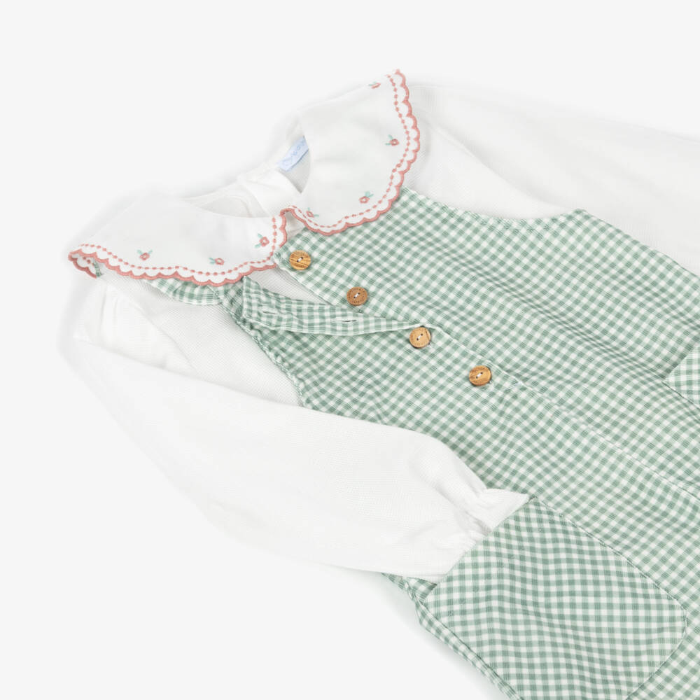 Laranjinha-Green Check Dungaree & Blouse Set | Childrensalon Outlet