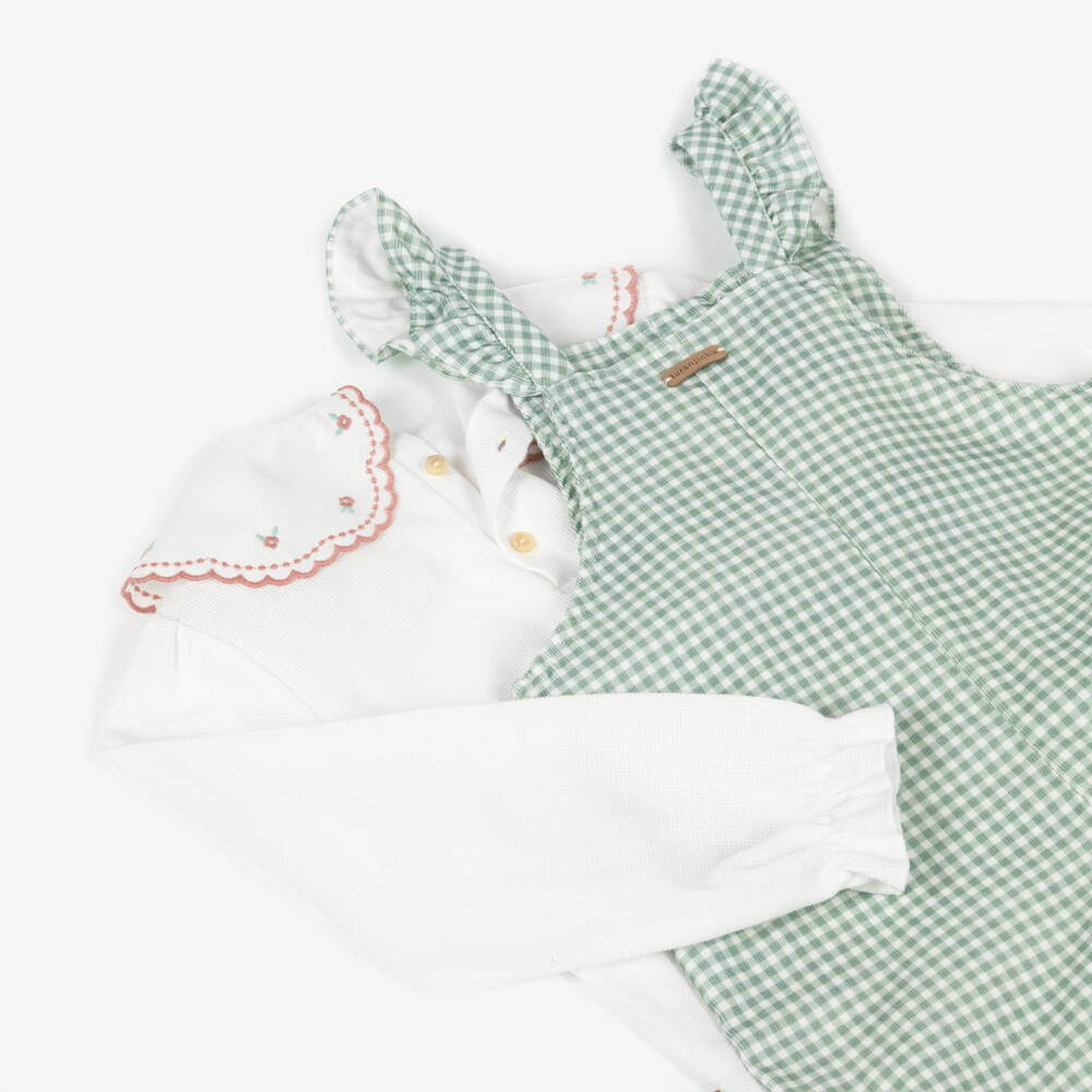 Laranjinha-Green Check Dungaree & Blouse Set | Childrensalon Outlet
