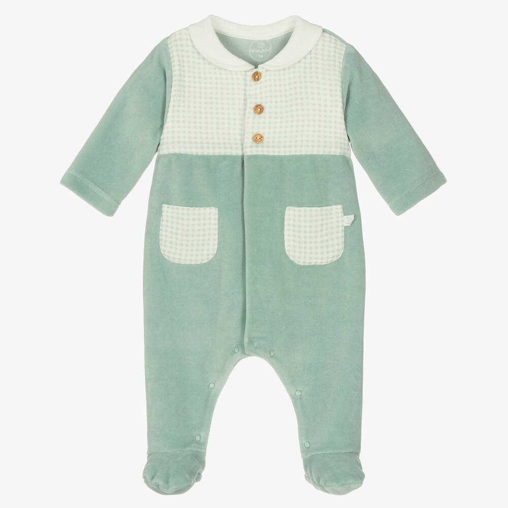 Laranjinha - Green Cotton Velour Babygrow | Childrensalon