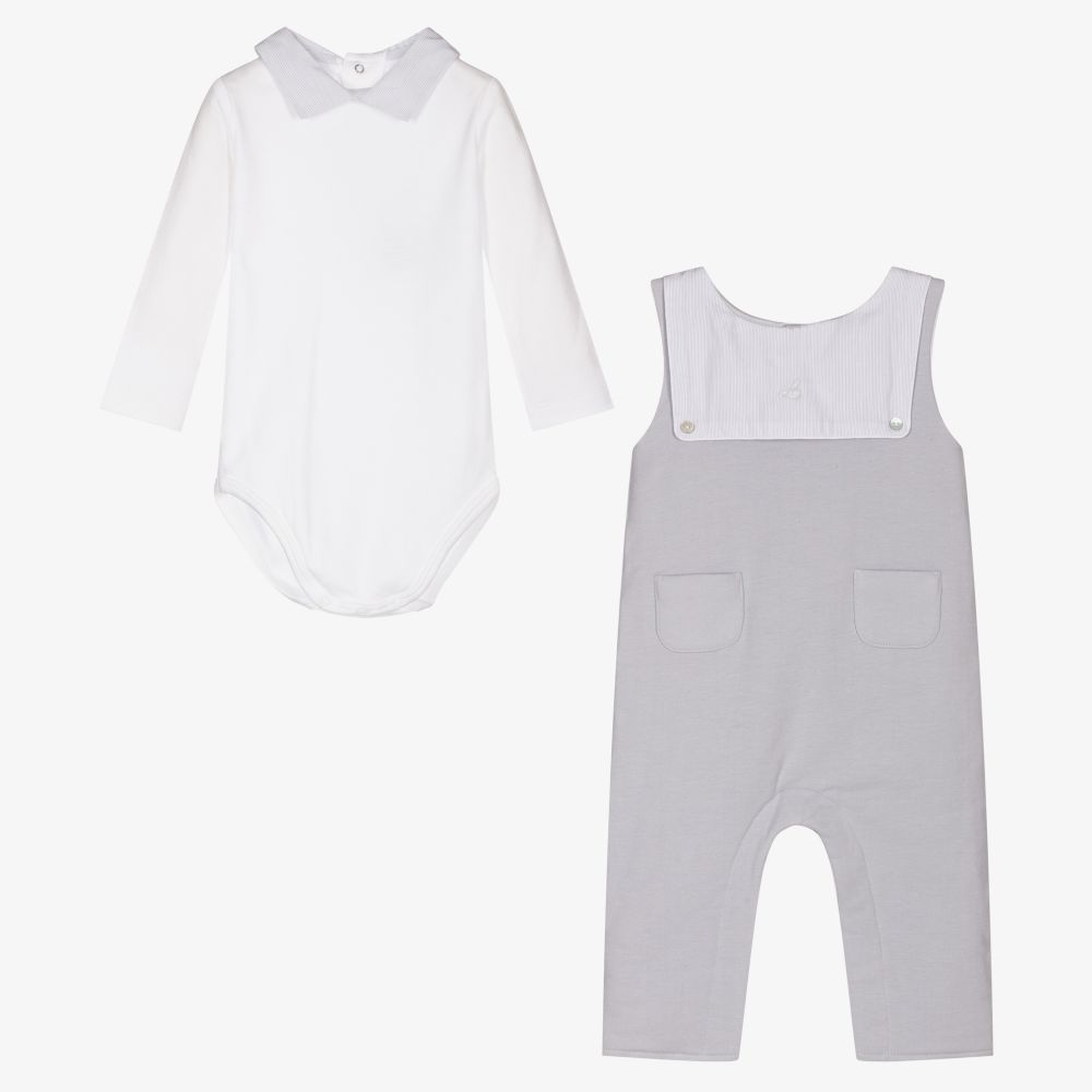 Laranjinha-Grey Cotton Dungaree Set | Childrensalon Outlet