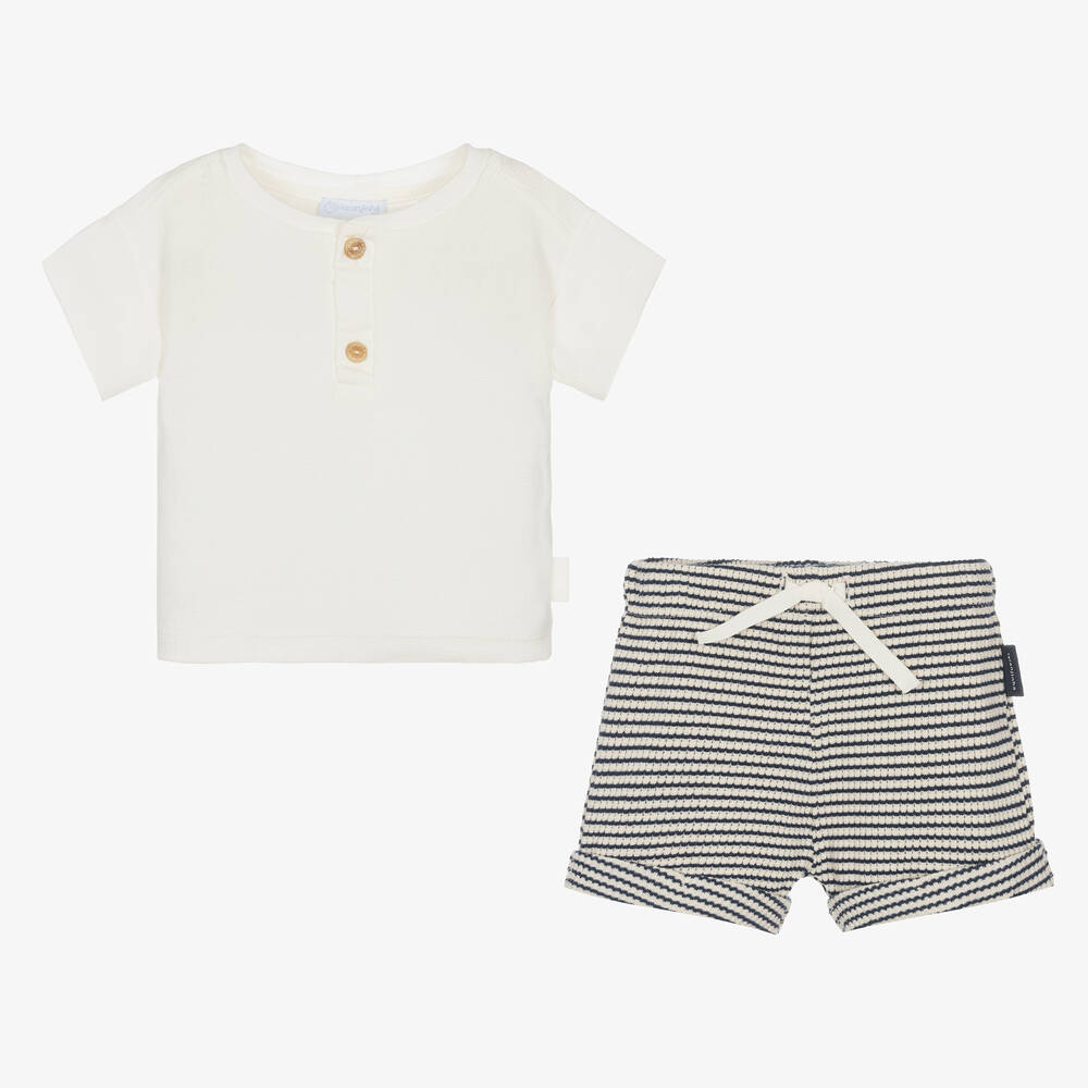 Laranjinha-Ivory & Blue Cotton Shorts Set | Childrensalon Outlet
