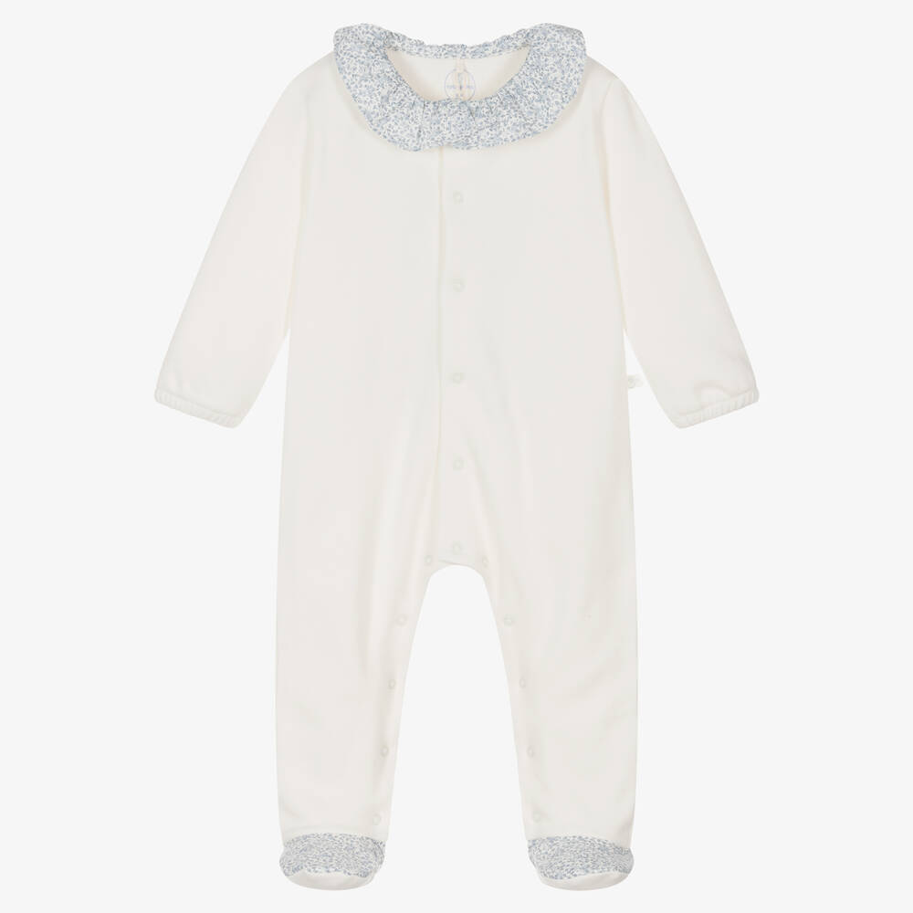 Laranjinha - Ivory & Blue Floral Cotton Babygrow | Childrensalon