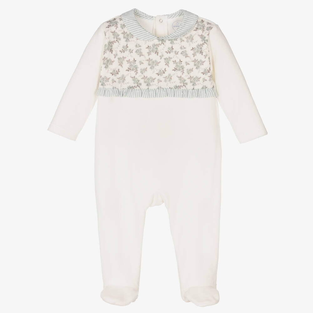 Laranjinha - Ivory Floral Velour Babygrow | Childrensalon