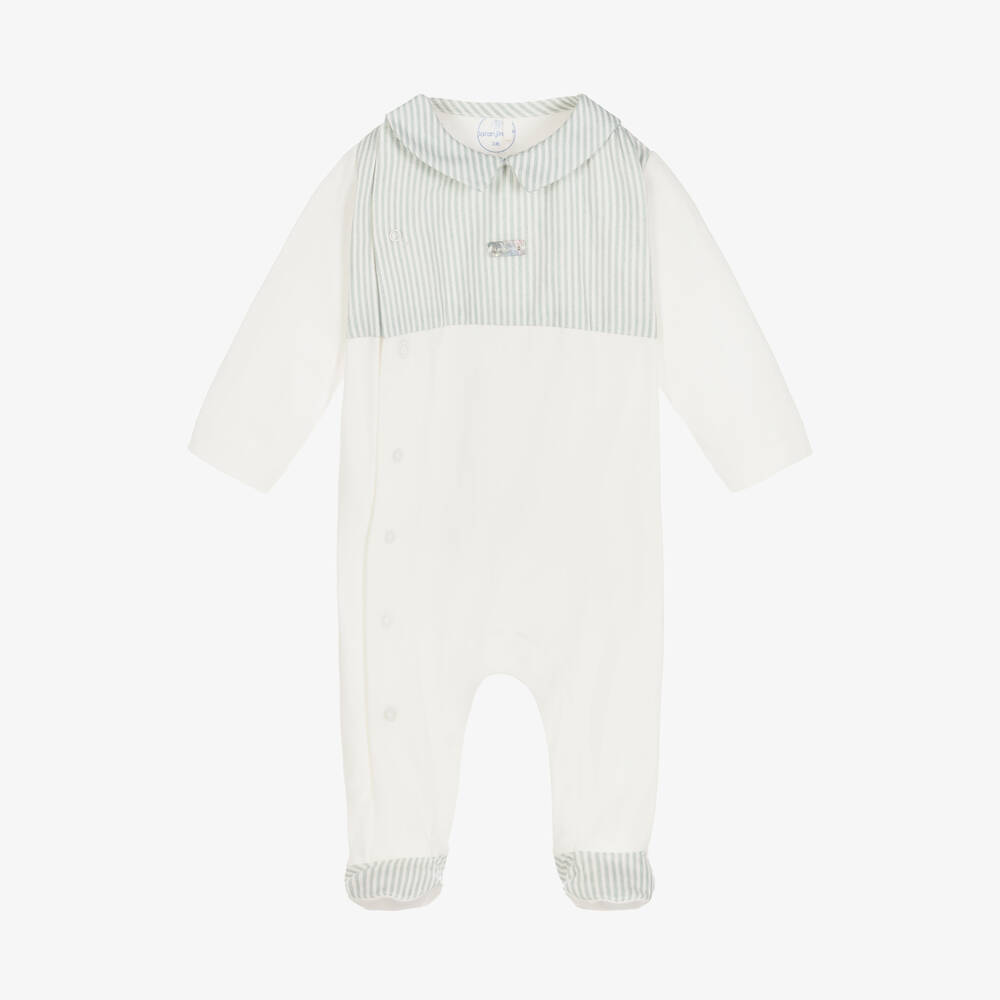 Laranjinha - Ivory & Green Stripe Babygrow | Childrensalon
