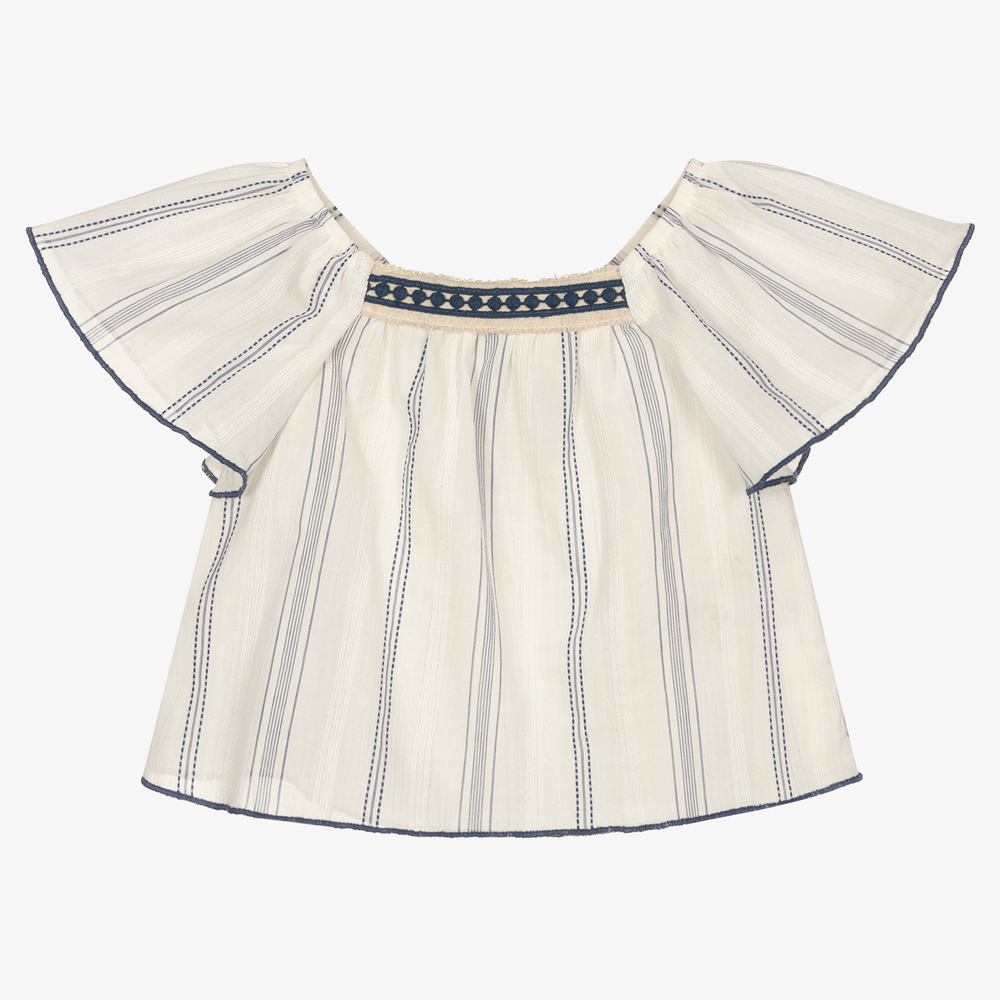 Laranjinha - Ivory Striped Cotton Blouse | Childrensalon