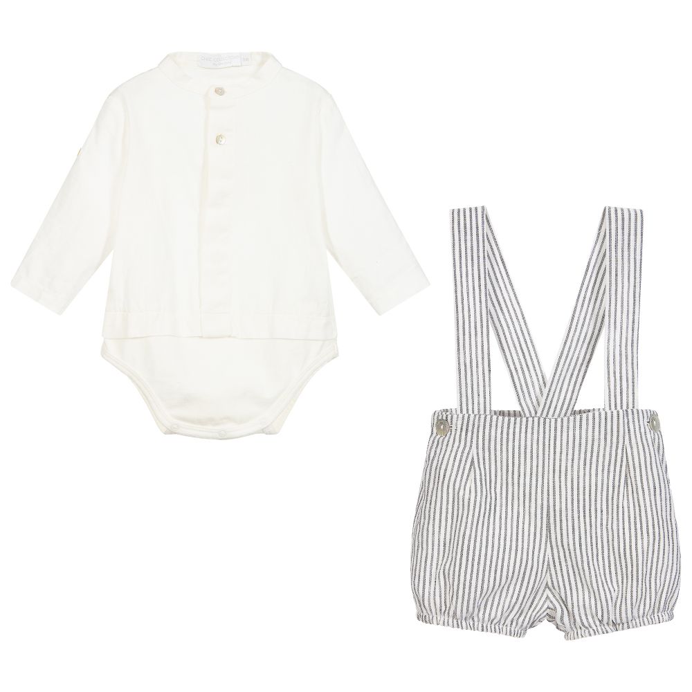 Laranjinha-طقم شورت وقميص قطن وكتّان لون رمادي وعاجي للمواليد | Childrensalon Outlet