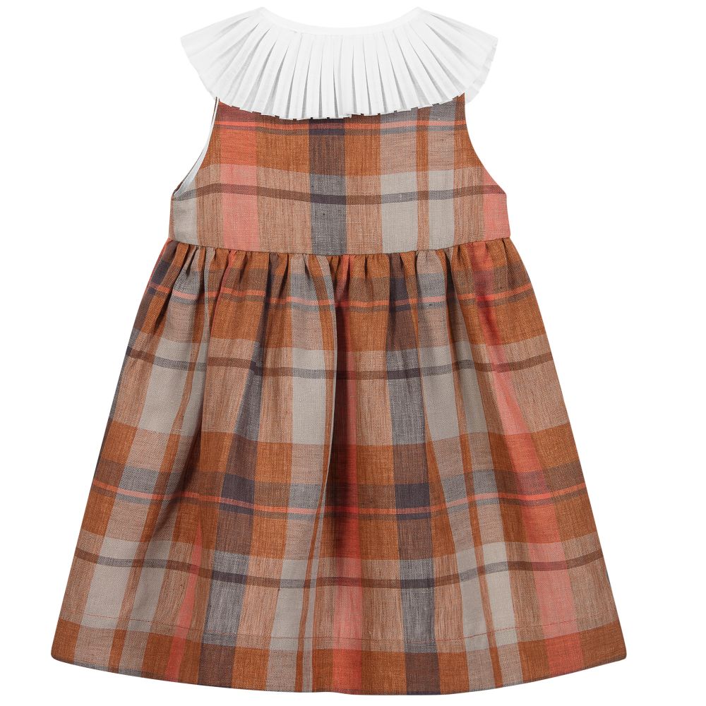 Chic by Laranjinha-فستان كاروهات كتّان لون برتقالي و أبيض | Childrensalon Outlet