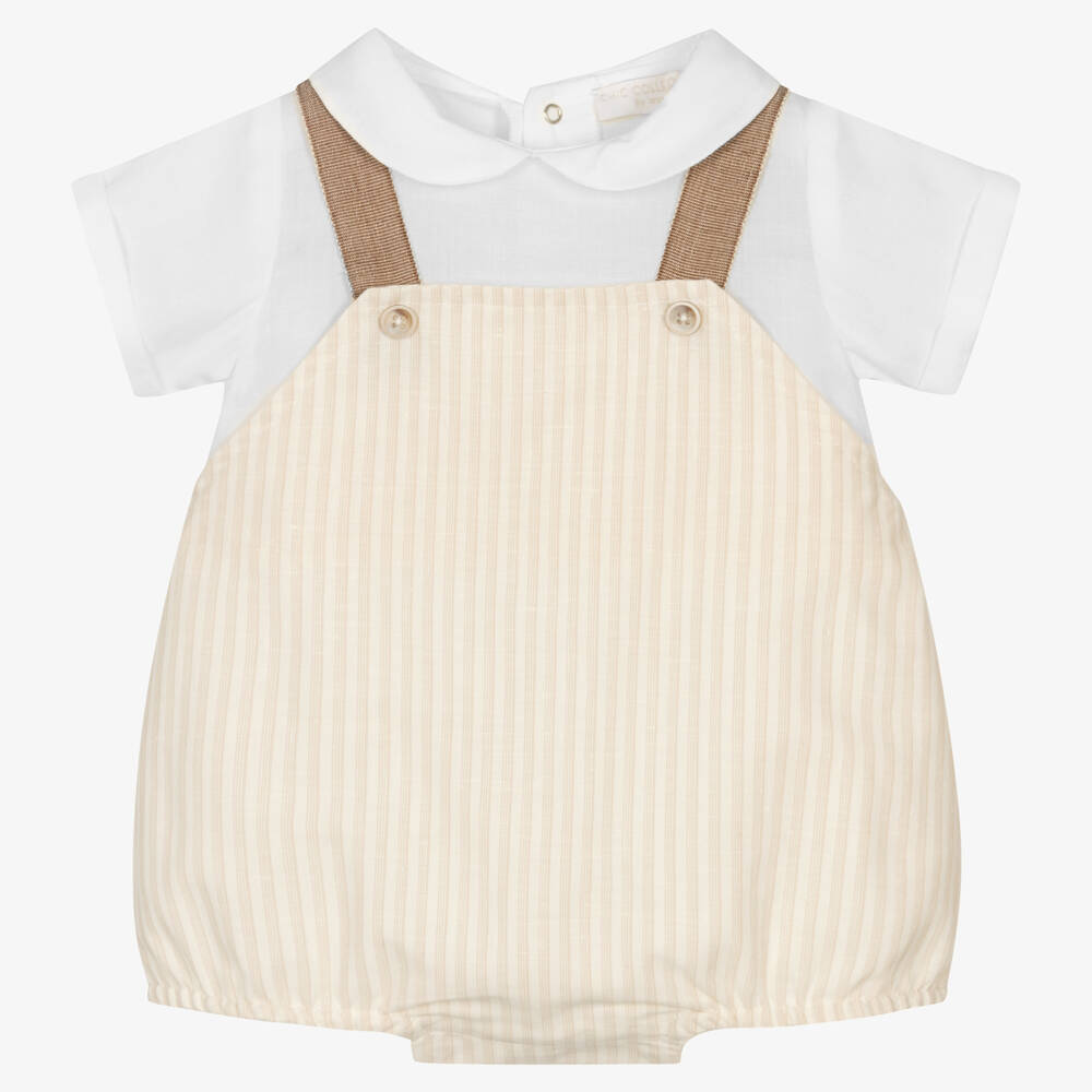 Laranjinha - White & Beige Cotton Baby Shortie | Childrensalon