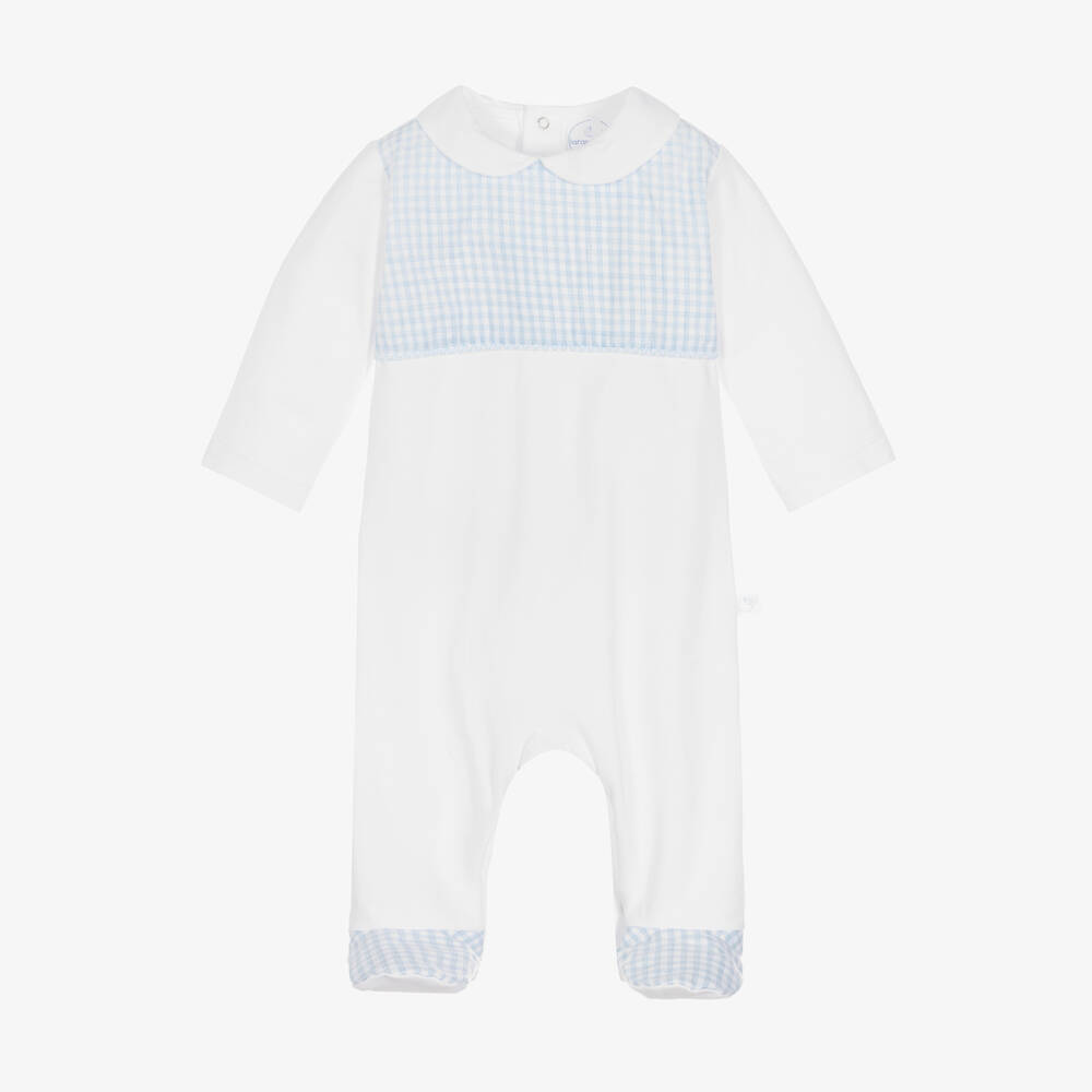 Laranjinha - White & Blue Check Babygrow | Childrensalon