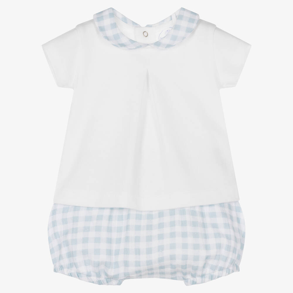 Laranjinha - White & Blue Checked Baby Shorts Set | Childrensalon