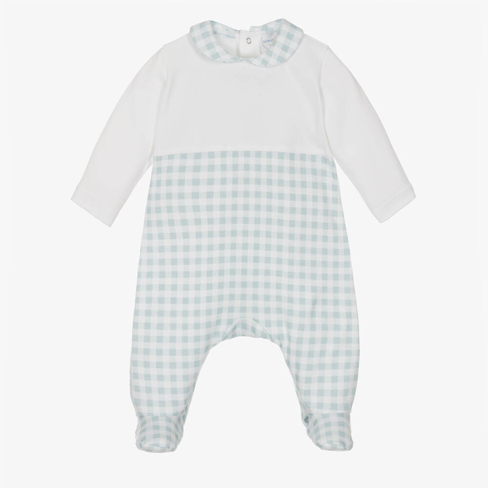 Laranjinha - White & Blue Checked Cotton Babygrow | Childrensalon