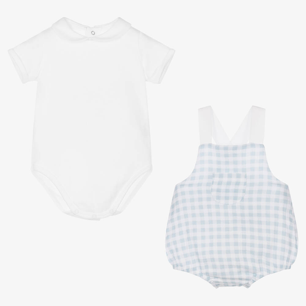 Laranjinha-طقم بِدلة أوفرول قطن لون أبيض وأزرق للأطفال | Childrensalon Outlet