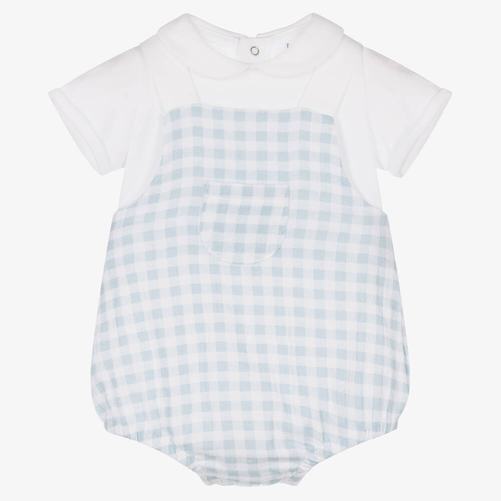 Laranjinha-White & Blue Cotton Babysuit Set | Childrensalon Outlet