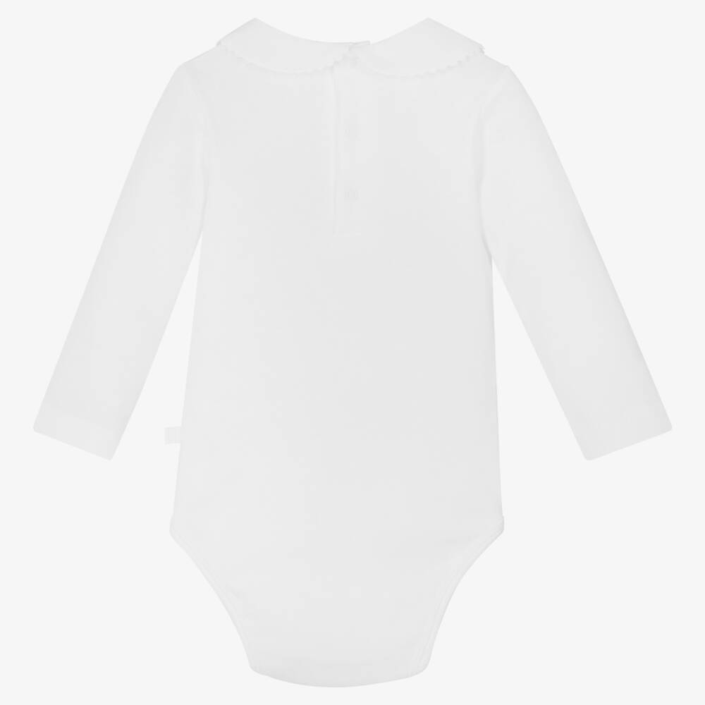 Laranjinha-White Cotton Bodysuit With Ric Rac Trim Collar | Childrensalon Outlet
