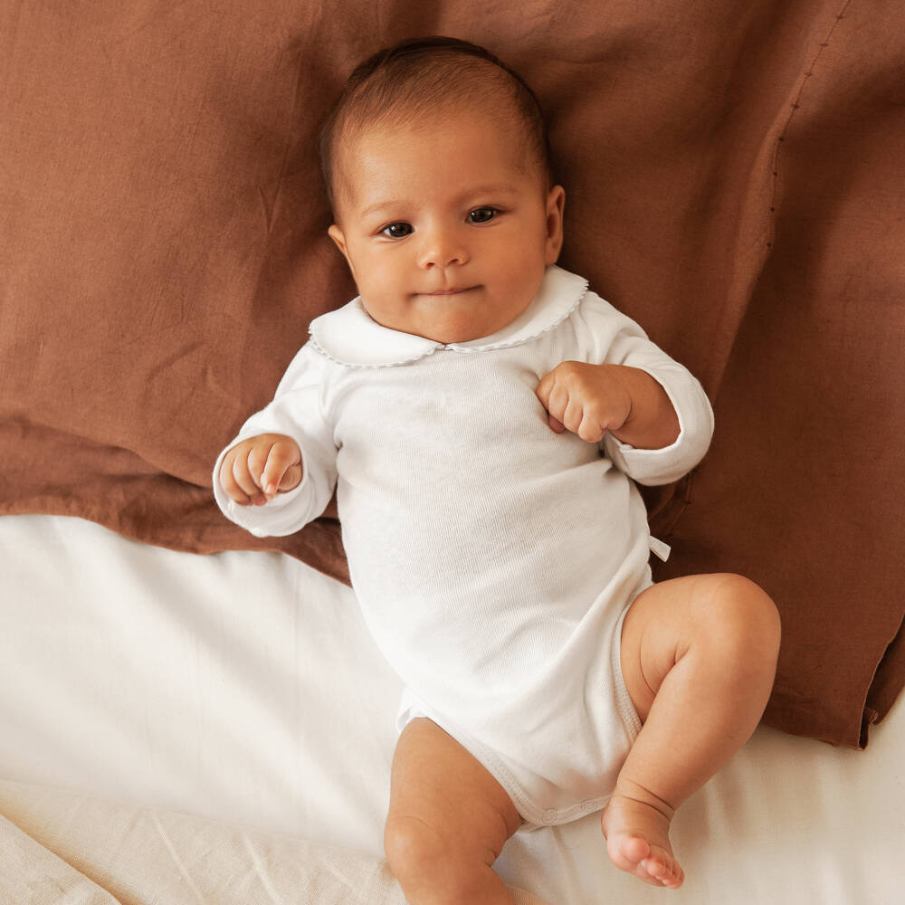 Laranjinha-White Cotton Bodysuit With Ric Rac Trim Collar | Childrensalon Outlet