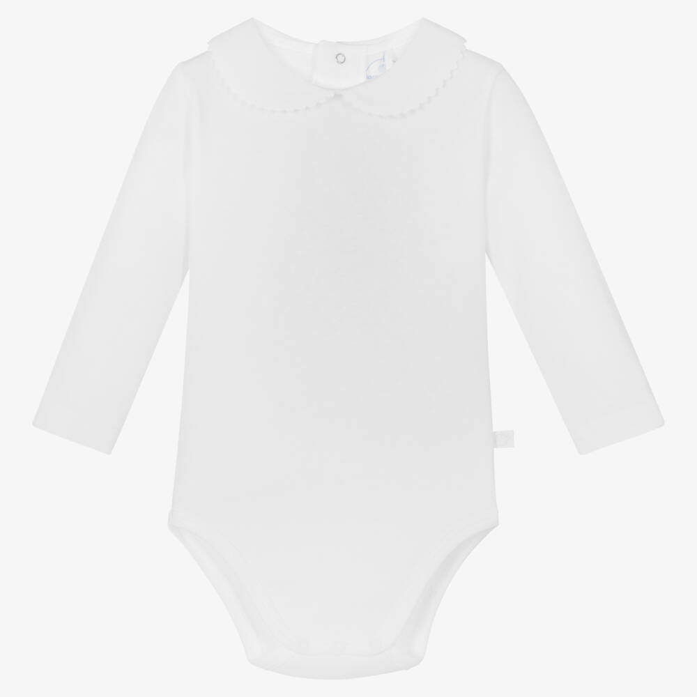Laranjinha-White Cotton Bodysuit With Ric Rac Trim Collar | Childrensalon Outlet