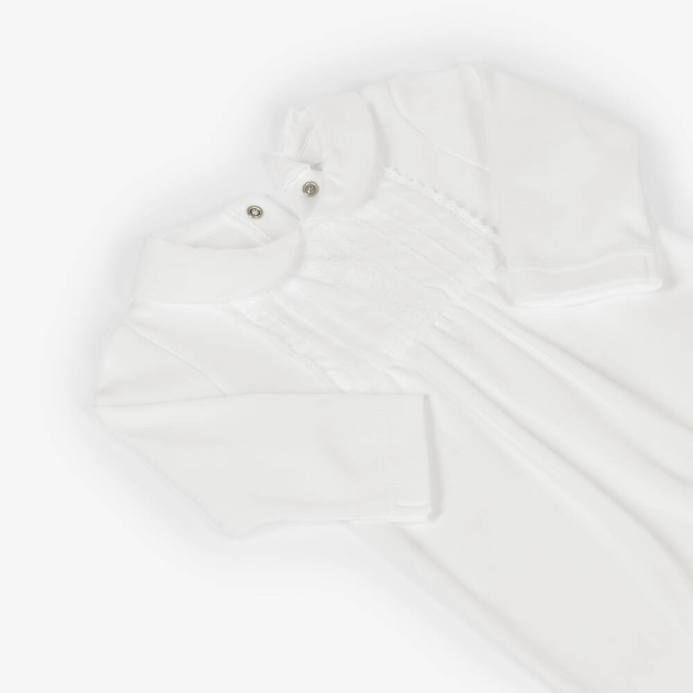 Laranjinha-White Cotton Jersey Babygrow with Pintuck Bib | Childrensalon Outlet