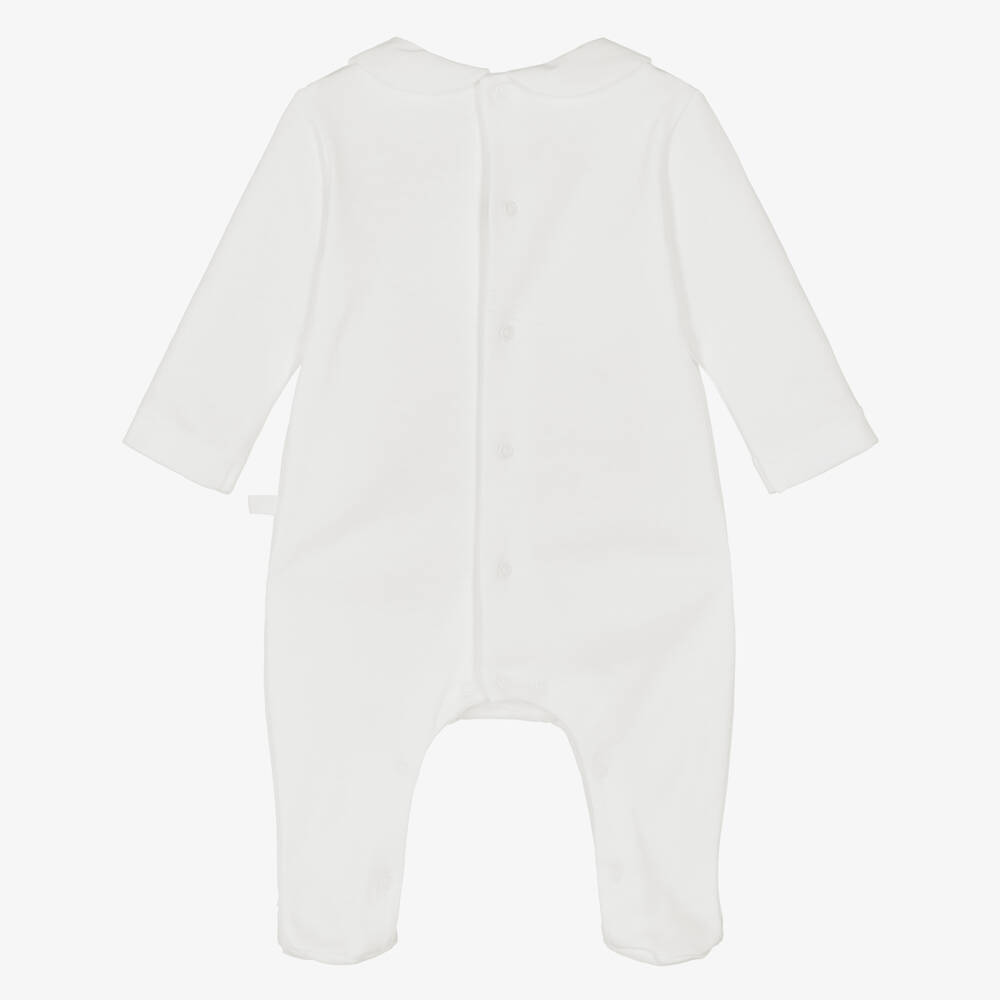 Laranjinha-White Cotton Jersey Babygrow with Pintuck Bib | Childrensalon Outlet