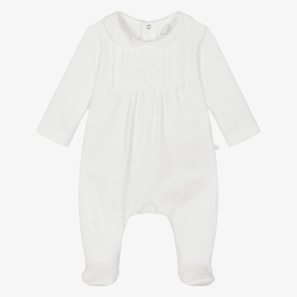 Laranjinha-White Cotton Jersey Babygrow with Pintuck Bib | Childrensalon Outlet