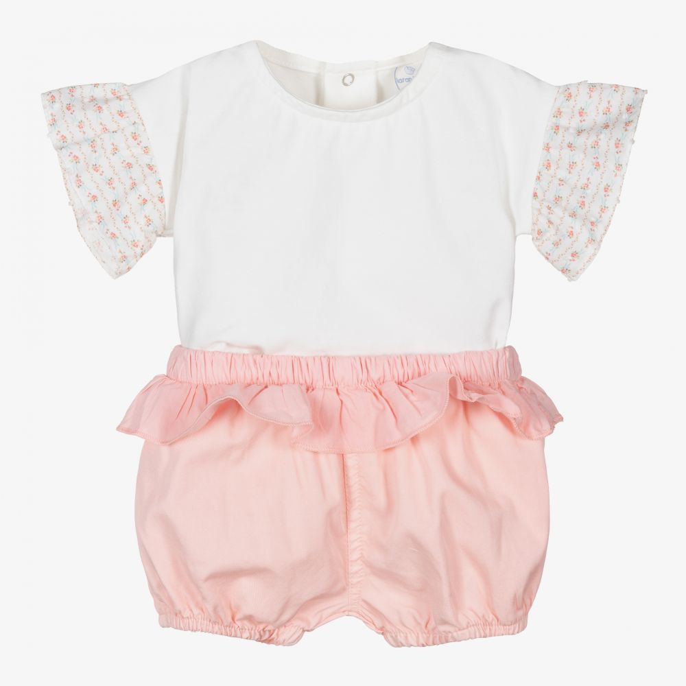 Laranjinha - White & Pink Cotton Shorts Set | Childrensalon