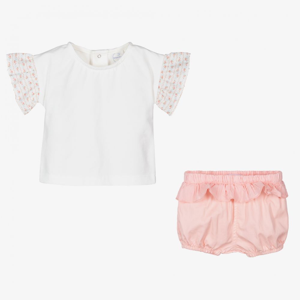 Laranjinha-White & Pink Cotton Shorts Set | Childrensalon Outlet