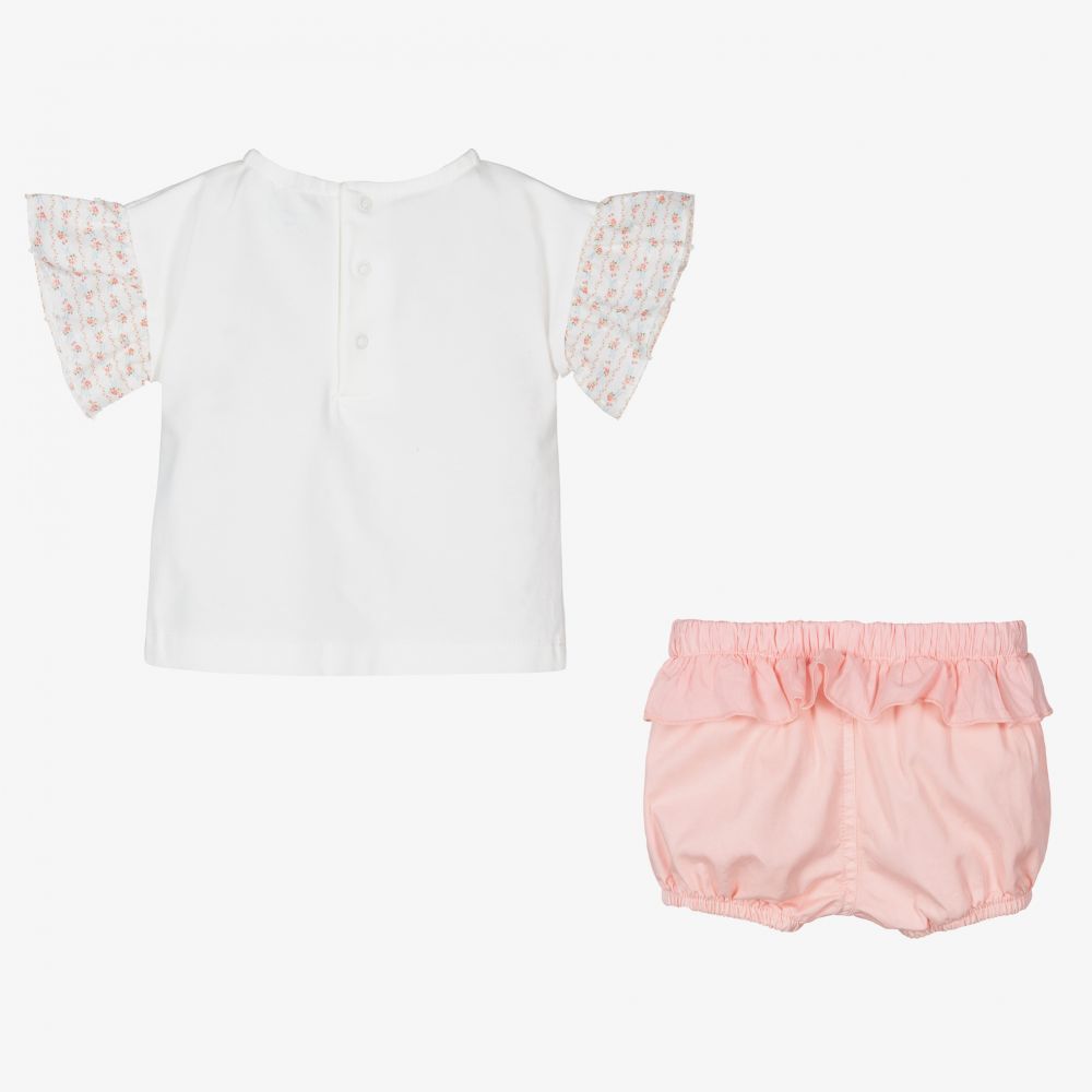 Laranjinha-White & Pink Cotton Shorts Set | Childrensalon Outlet